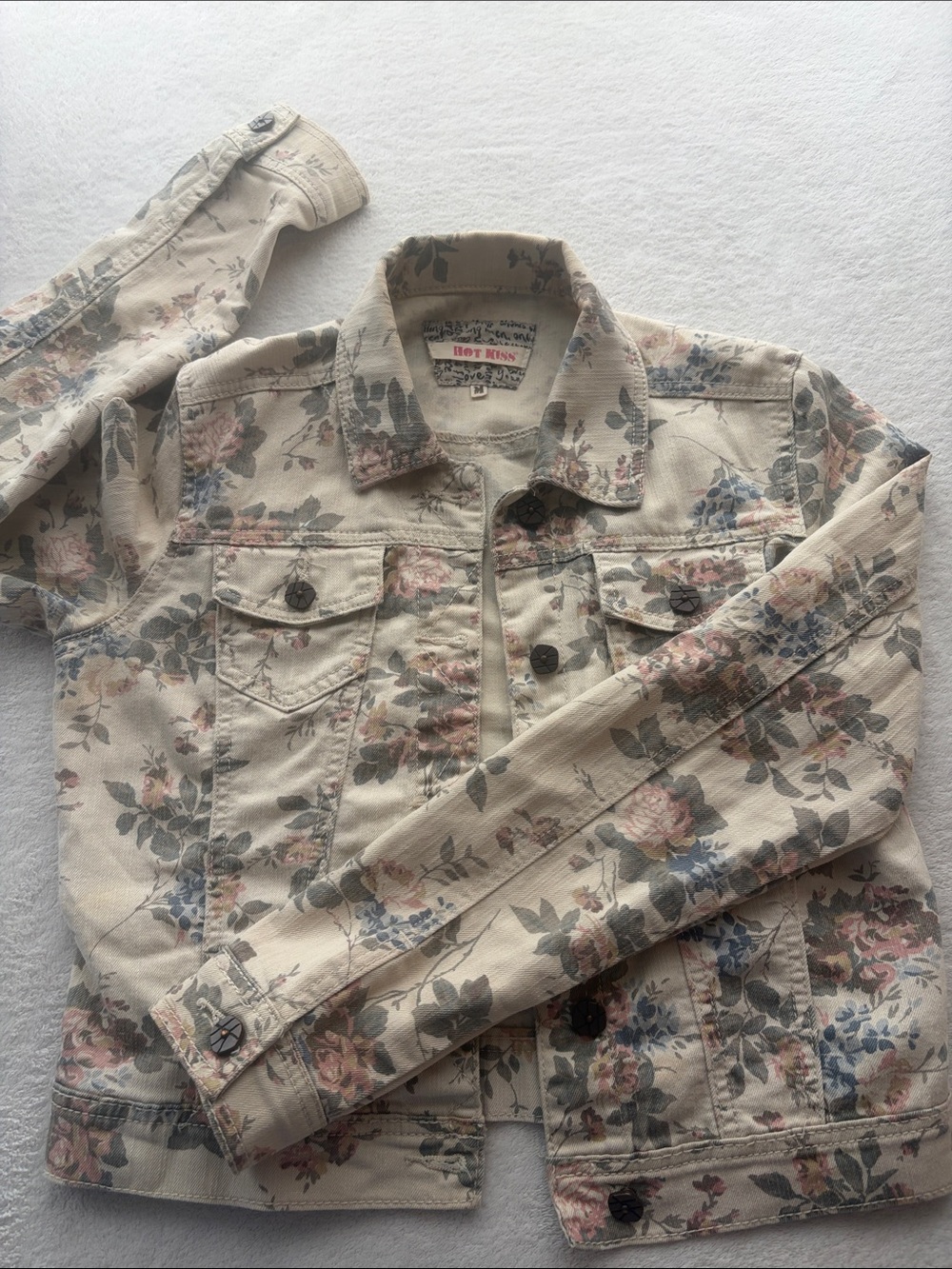 Hot Kiss Cream Floral Denim Jacket with Pink & Blue Blooms